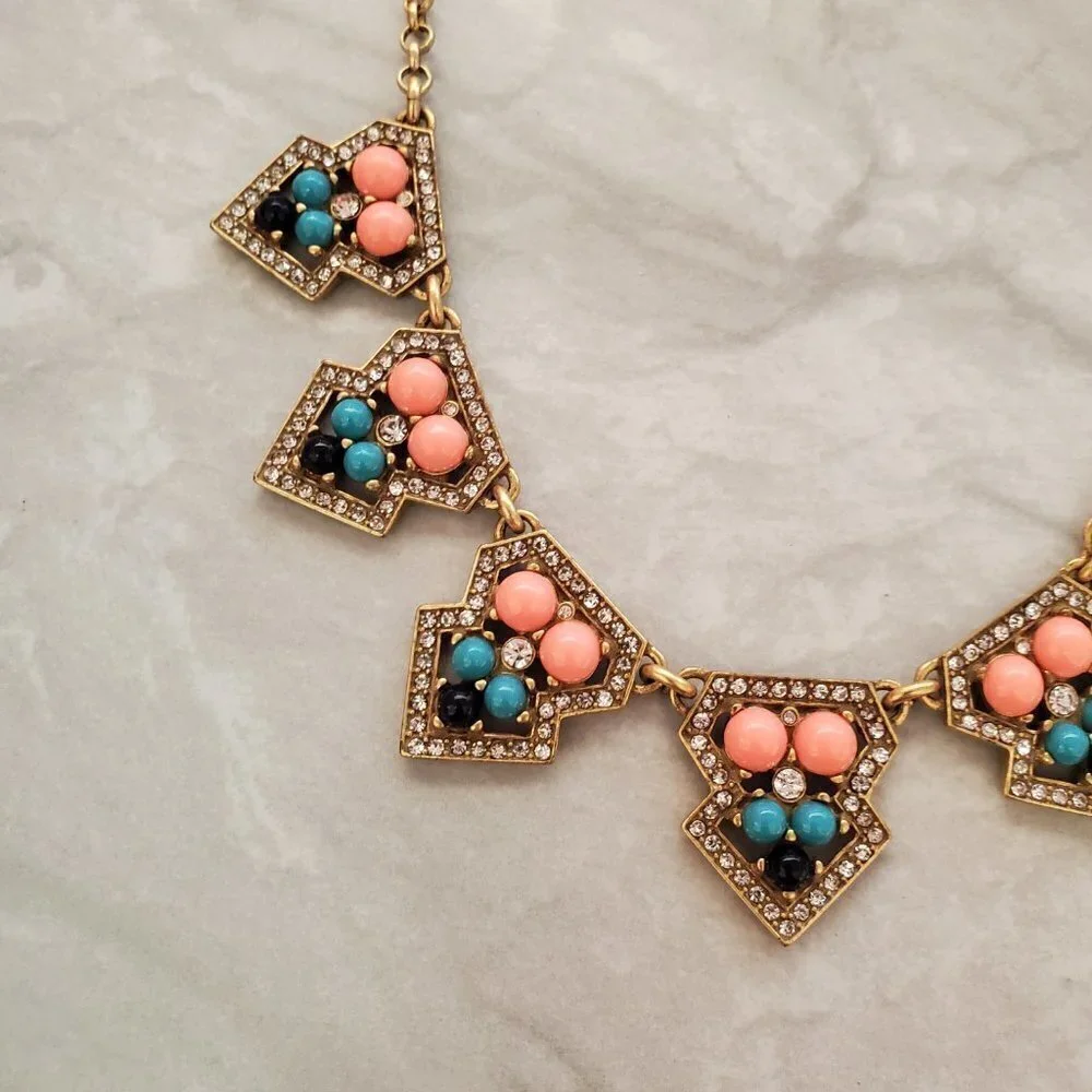 ✨ J.Crew Pave Rhinestone Crystal Blue Gold Coral Bohemian Necklace ✨